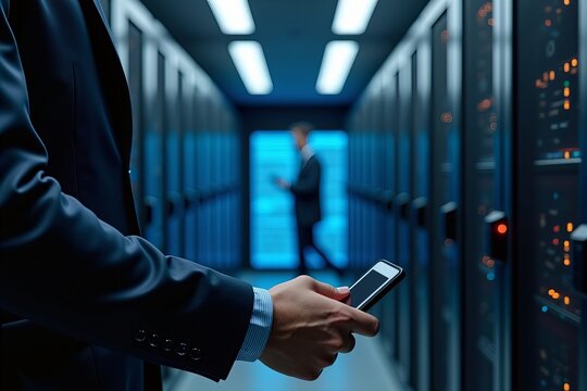 Photograph of a Professional IT Administrator Scanning Security Badge at High-Tech Server Room Entrance, Glowing Server Racks in Background