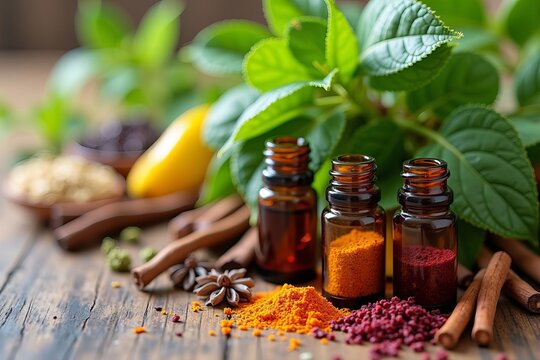 Close-Up of a Lush Collection of Fresh Herbs and Spices Beside Colorful Glass Vials of Essential Oils, Showcasing Nature&rsquo;s Ingredients