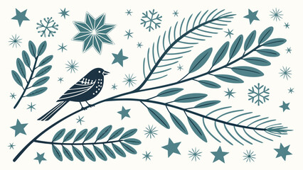Scandinavian style winter seamless pattern with bird pine branches snowflakes and stars on white background with blue vector seamless pattern © Muhammad