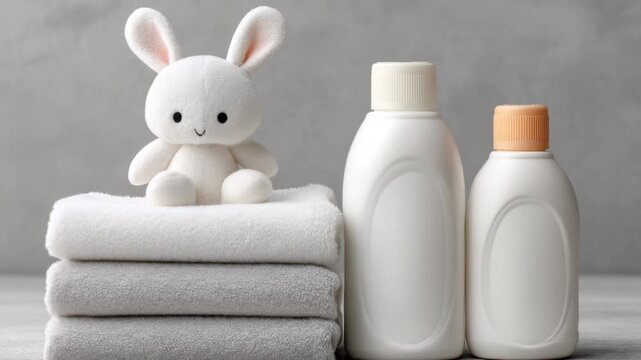 Cute white plush toy bunny sitting on neatly folded soft white towel stack with paired white plastic bottles on gray textured background for bathroom or baby care concept
