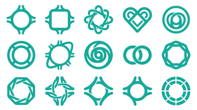 Collection of 15 teal flat vector icons featuring road roundabout symbols, traffic junction markers, abstract geometric logos, and heart shapes isolated on a white background.
