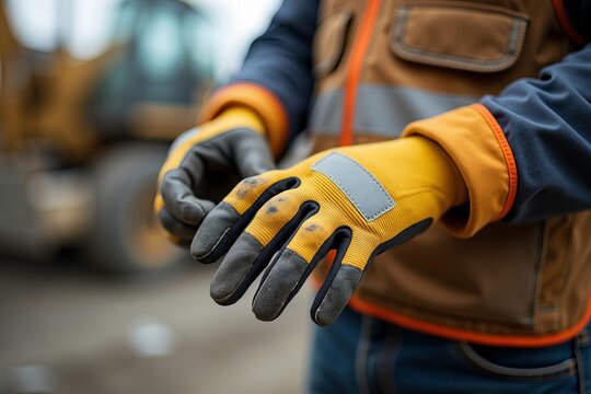 Close-Up of Weathered Hands Cradling a Worn Safety Glove Amidst a Blurred Construction Site, Emphasizing Significance