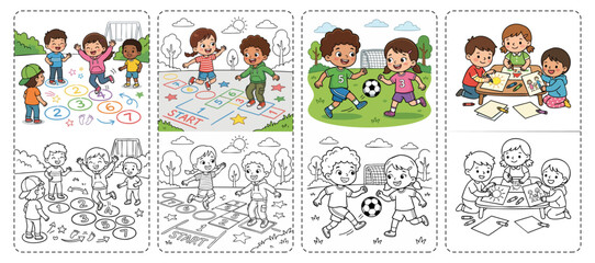 Naklejka premium Set of Cartoon Coloring Pages for Kids with Children Playing Hopscotch Soccer and Drawing