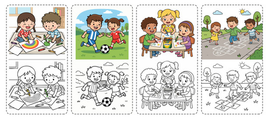 Naklejka premium Children Enjoy Coloring and Playing Games Line Art and Colorful Illustrations