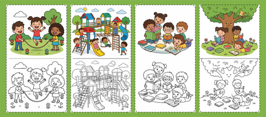 Fototapeta premium Collection of Coloring Pages Featuring Diverse Children Engaged in Play and Reading Activities