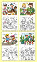 Fototapeta premium Children Gardening and Roller Skating Coloring Pages for Kids