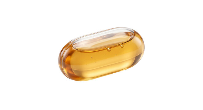 Photorealistic macro of a single golden omega 3 fish oil softgel capsule isolated isolated on transparent background