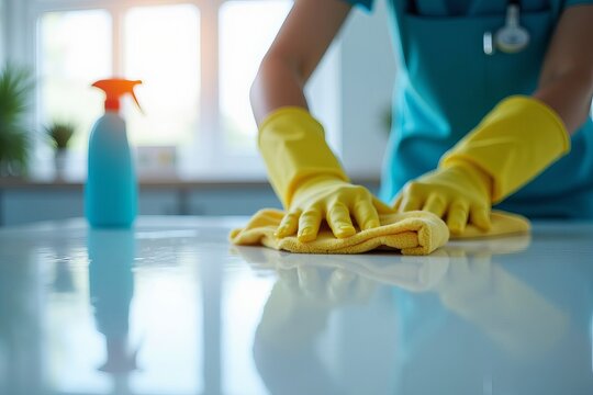 Detailed View of a Uniformed Janitor Thoroughly Cleaning an Examination Desk in a Well-Lit Hospital Room, Highlighting the Polished Surface and Cleaning Supplies