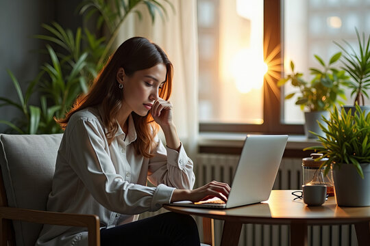 Corporate Executive Focuses on Sleep Data in Stylish Break Room Bathed in Soft Morning Light, Surrounded by Contemporary Wellness D&eacute;cor