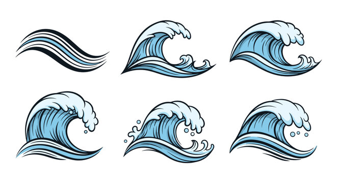 Collection of six stylized blue ocean wave illustrations with detailed line work and splashy white foam crests.