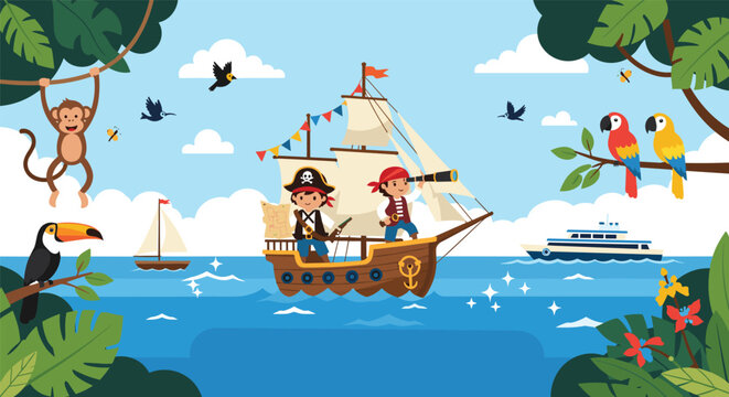 Pirate ship sailing on the blue ocean with cute kids pirates, parrots, toucan, and a monkey in a tropical frame.