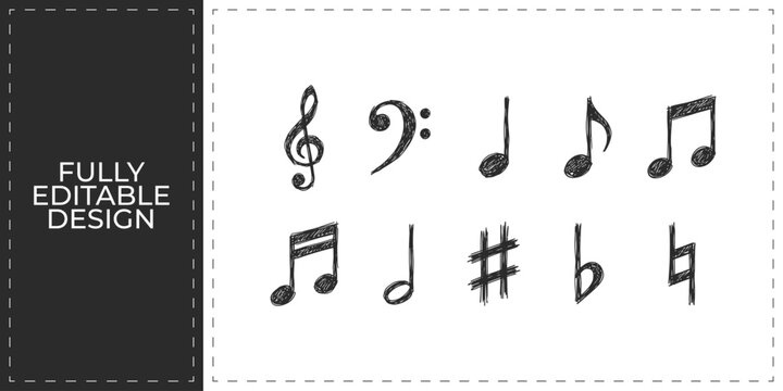 Musical notes and melody symbols hand drawn icons set featuring various musical notations for creative music production and artistic composition design