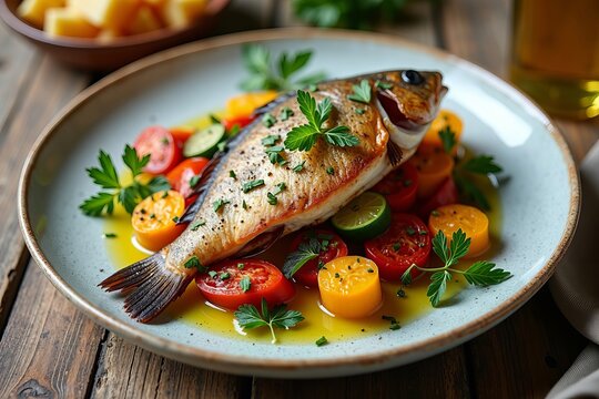 Vibrant Overhead Capture of Grilled Fish on a Colorful Medley of Roasted Vegetables, Adorned with Fresh Herbs and a Drizzle