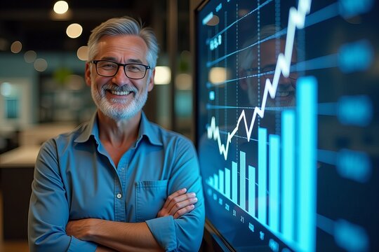 Self-assured individual beside a digital growth graph, exuding satisfaction and representing successful retirement savings and financial planning.