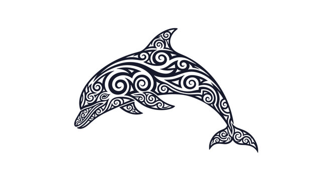 Tribal dolphin tattoo design decorated with traditional maori style swirling patterns isolated on white background.