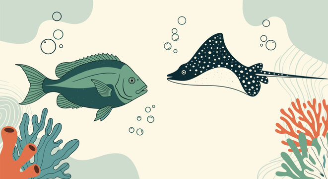 Underwater ocean scene featuring a green fish and a spotted eagle ray swimming above colorful coral reefs.