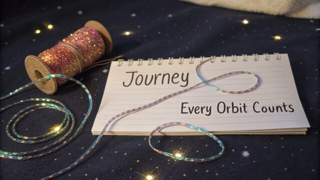 Inspirational Notebook with Message on Journey and Every Orbit Counts, Sparkly Thread and Starry Background