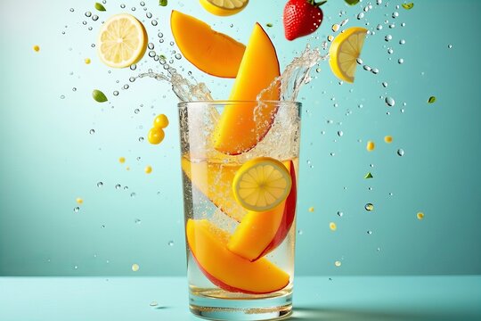 Tropical Fruit Oasis: Overhead Shot of Colorful Mango, Lemon, and Exotic Fruit Slices Cascading into Sparkling Water, Creating a Splash of Droplets