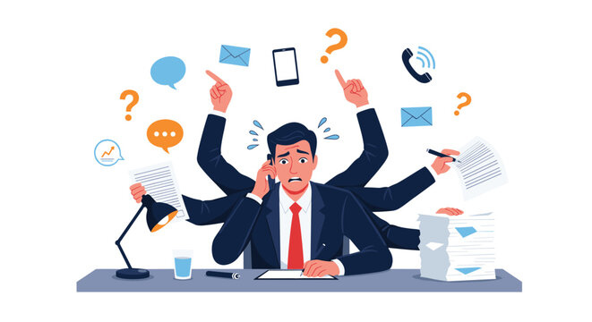 Stressed and overworked businessman multitasking with multiple arms handling phone calls, paperwork, and emails.