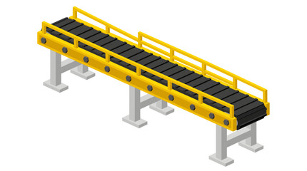 A bright yellow industrial conveyor belt with dark grey slats and protective guardrails stands elevated on three sturdy, light grey H-shaped support legs against a stark, crisp white background space © Skyframe