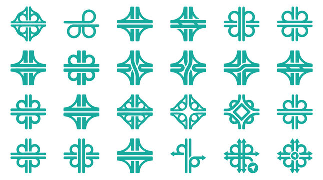 Set of 24 teal road interchange icons and highway junction symbols on white background featuring traffic patterns, cloverleaf overpasses, and navigation mapping design elements.