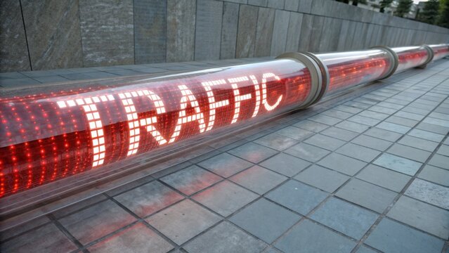 Illuminated Traffic Display Installation on Sidewalk with Red LED Lights and Modern Urban Background