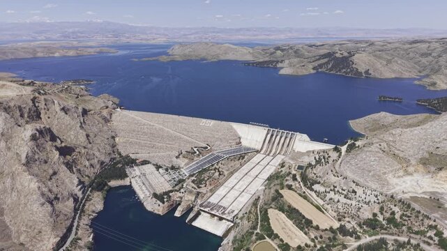 Aerial Drone View of Keban Dam and Reservoir in Elazig, Turkey Featuring Hydroelectric Power Infrastructure