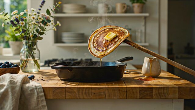 Homemade pie slice above baking dish in cozy kitchen setting with rustic charm