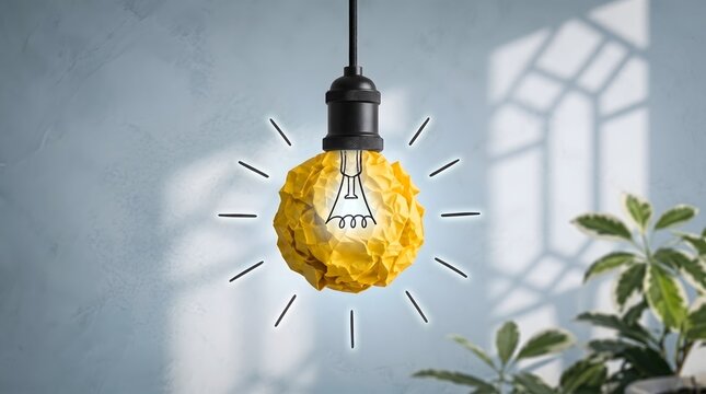 Creative brainstorming concept showing hanging lightbulb made of crumpled yellow paper representing unique ideas and inspiration