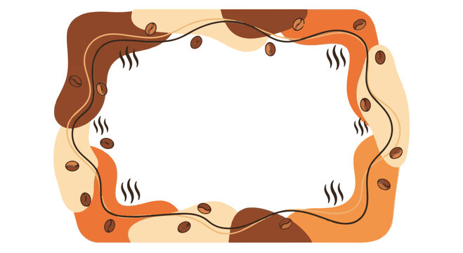 Irregular organic coffee themed border featuring abstract brown and orange fluid shapes, scattered roasted coffee beans, and steam symbols on a white background with center copy space.