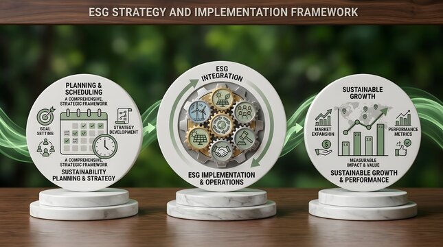 ESG strategy and implementation framework concept displaying sustainability planning and sustainable growth stages on marble pedestals