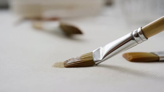 Flat-tipped paintbrush touching textured off-white canvas with brown pigment transfer, splayed bristles, light wooden handle, polished ferrule, diagonal close-up, soft studio light