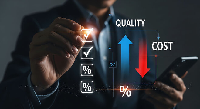 Businessman balancing high quality and low cost optimization concept