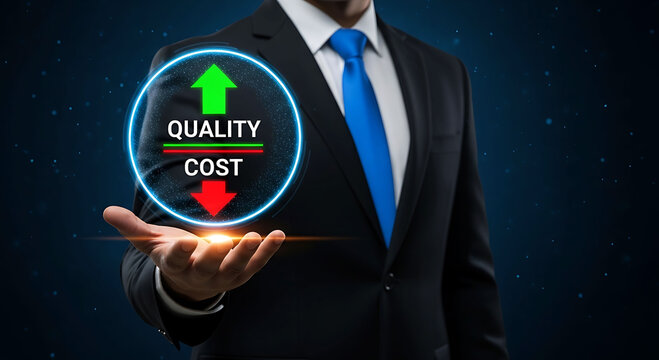 Businessman balancing quality and cost optimization concept