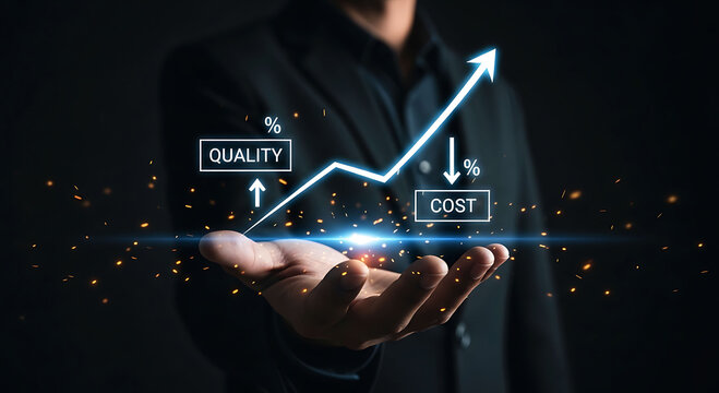Businessman holding glow arrow graph showing increasing quality and decreasing cost