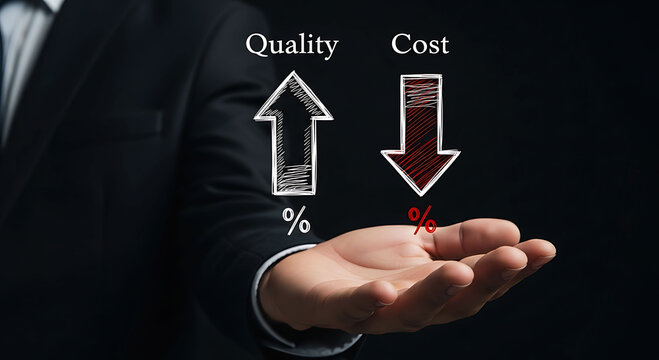 Businessman holding high quality up arrow and low cost down arrow concept signs