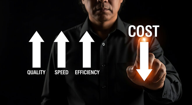 Businessman hand pressing cost reduction arrow with growth metrics in background