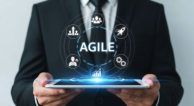 Businessman holding tablet with agile methodology software development concept