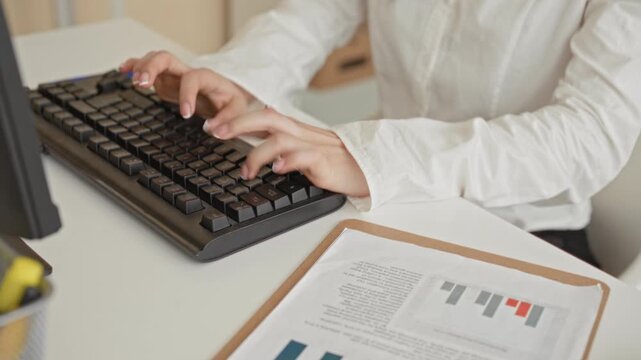 Woman in glasses touches chin with hand while seated at keyboard in office building; thoughtful concentration.