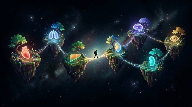 Person walking on floating islands connected by energy strands with glowing human internal organs representing health and life journey in fantasy digital art style