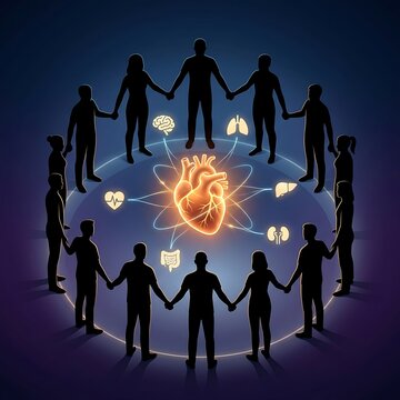 Group of silhouettes holding hands in circle around glowing central human heart and connected internal organs in scientific community concept illustration