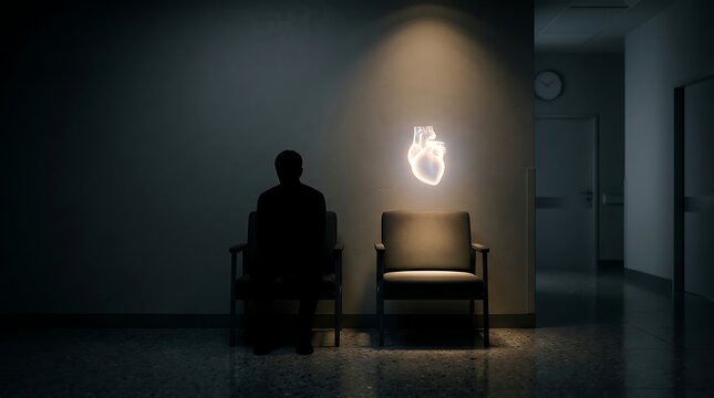 Lonely silhouette sitting in medical waiting room with glowing heart floating above empty chair representing patient anxiety and medical hope