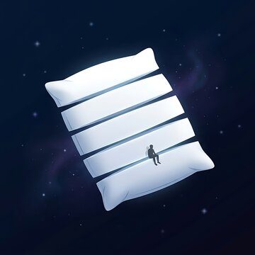 Small silhouette person sitting on edge of massive glowing white pillow floating in deep space representing comfort rest and dream exploration concept