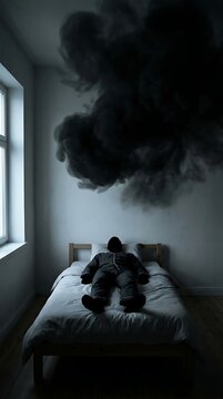 Person lying on bed in dark room under ominous heavy dark storm cloud hanging above