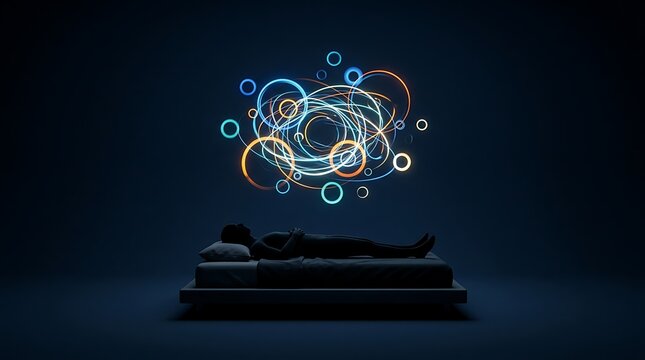 Person lying in bed awake at night with glowing abstract thoughts swirling above head representing insomnia or creative mind state