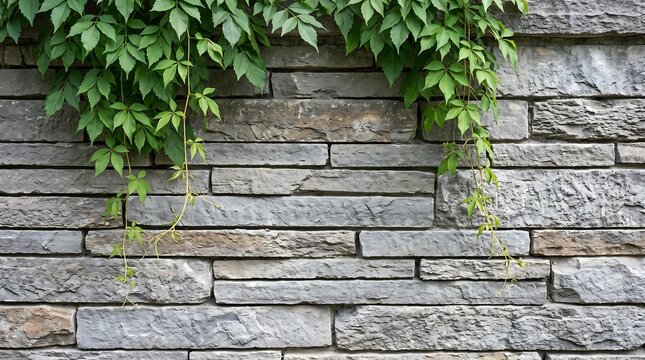 Green ivy cascading over weathered stacked stone wall facade.