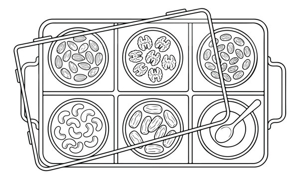 Dry fruits and nuts vector illustration, a healthy snack collection, six compartments of assorted dried fruits, perfect for food packaging and healthy eating concepts