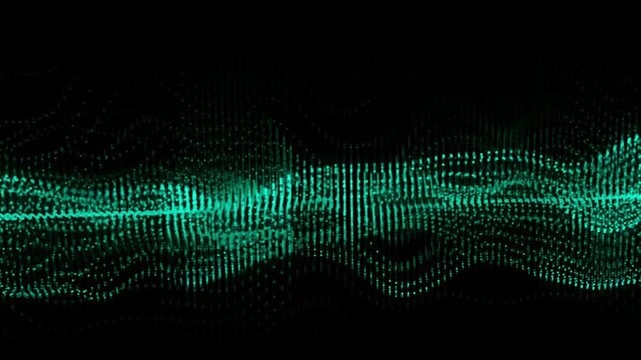 Abstract flowing turquoise particles form dynamic wave patterns on black background