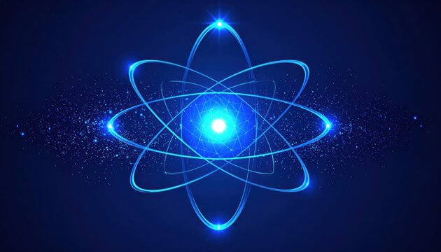 Luminous blue abstract atom model illustration with glowing electron orbits and central nucleus radiating energy in a futuristic digital art style.