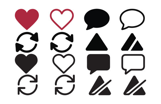 Collection of social media icons vector, heart, speech bubble, refresh, and no entry symbols.